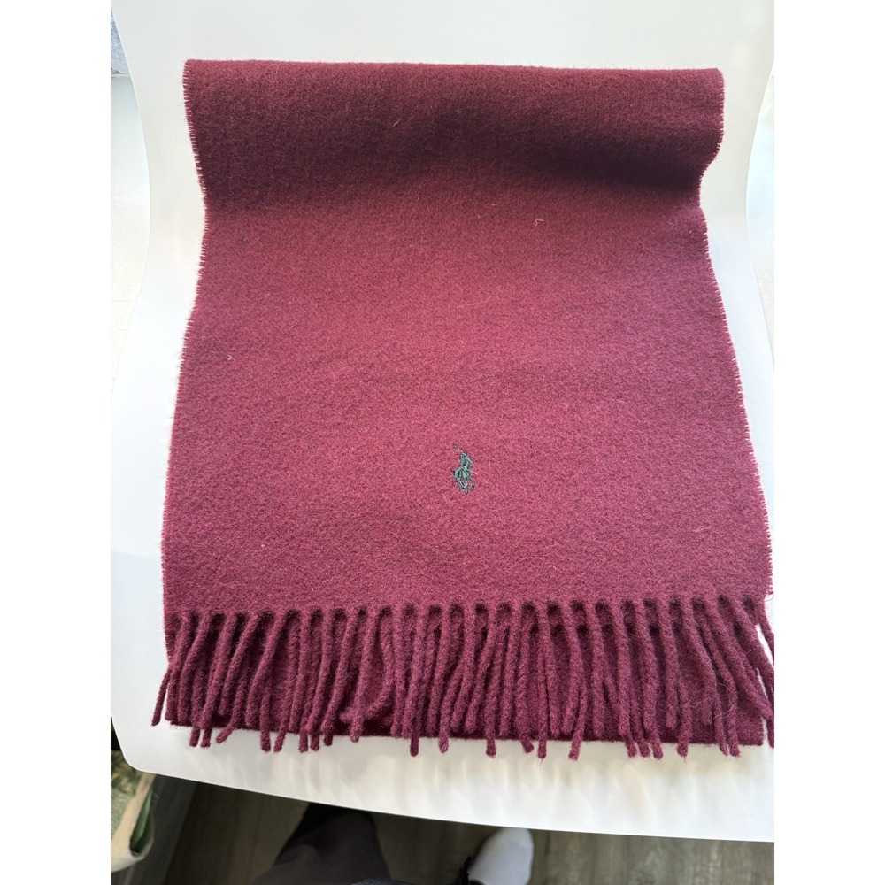 Polo Ralph Lauren Lambswool Scarf Burgundy Scotland  Pony Logo Fringe 60x11.5"